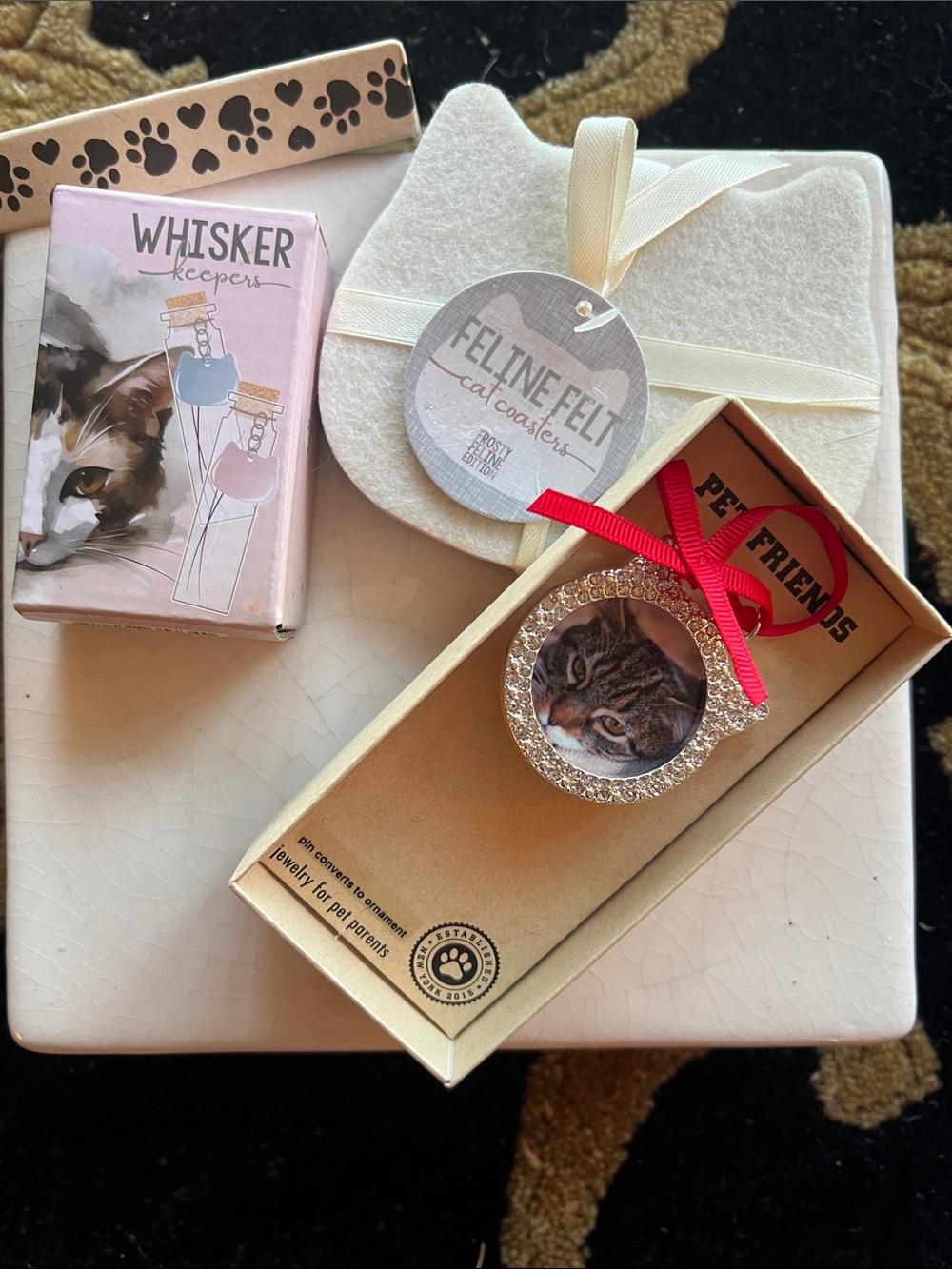 Frosty Feline Felt Coasters + Cat Whisker Keepers + Rhinestone Ornament or Pin